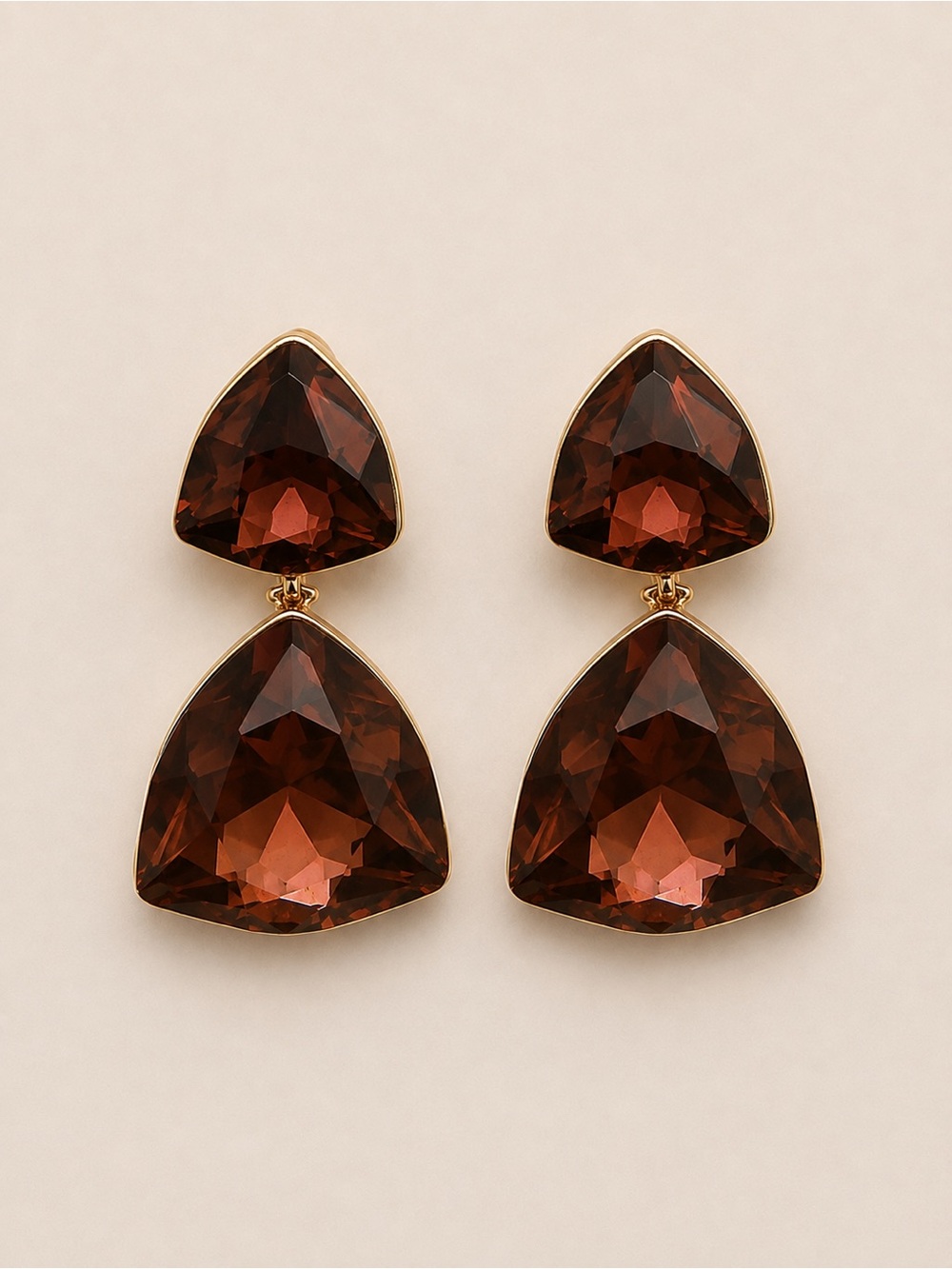 Gold-Dipped Brass Chocolate Crystal Double Drop Earrings